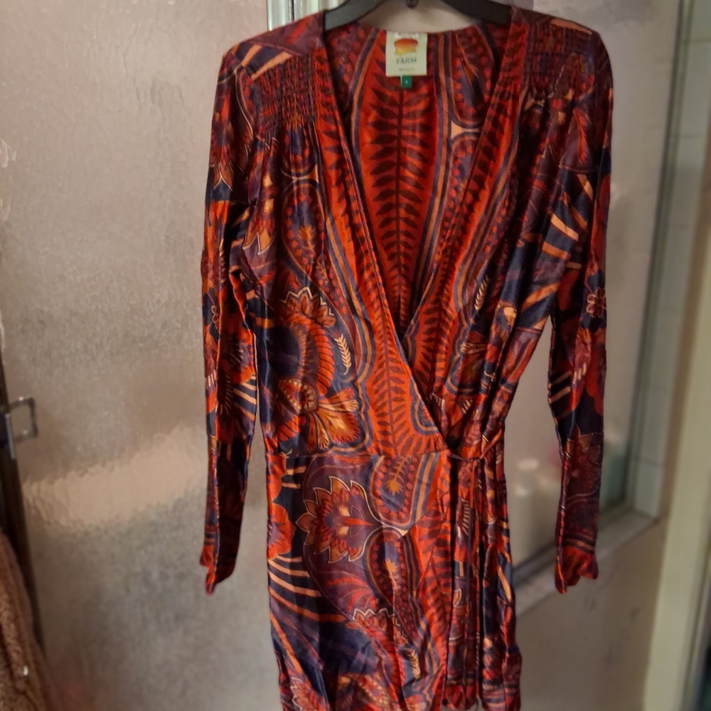 FARM Rio Macaw Red Purple Orange Wrap Dress Floral Small Tassled Belt
